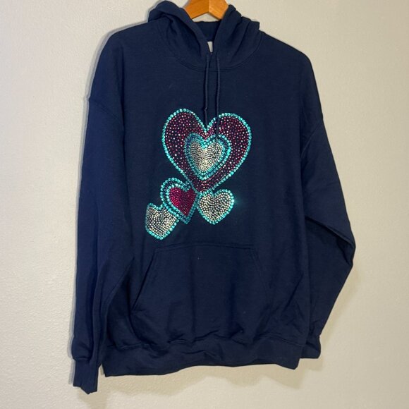 Women’s XL Handmade Hoodie with Rhinestone Hearts – Navy Blue Sparkle - Picture 4 of 4